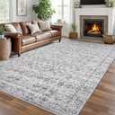 8x10 Area Rugs for Living Room, Machine Washable Large Grey Blue White Area Rug Non-Slip, Ultra Soft Vintage Floral Tribal Traditional Farmhouse Carpet for Dining Room Bedroom Home Dcor