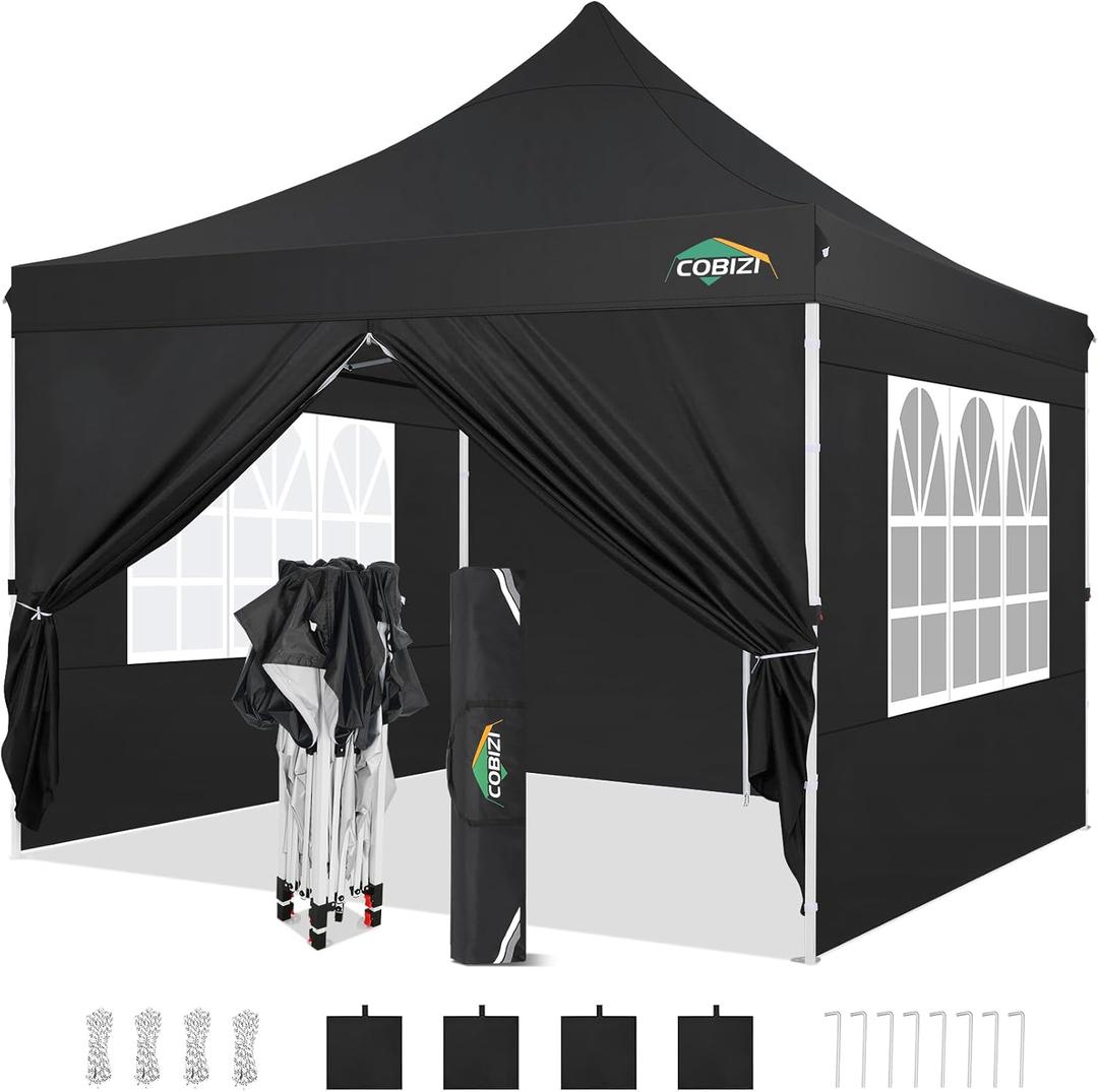 COBIZI 10x10ft Pop Up Canopy with 4 Removable Sidewalls, Easy Up Commercial Gazebos, Waterproof and UV50+ Gazebo with Portable Bag, Adjustable Leg Heights, Tents for Parties, with 4 sandbags (Black)