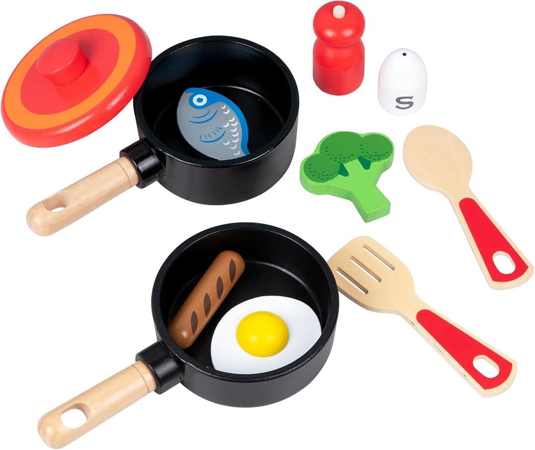 Wooden Play Kitchen Accessories for Toddlers, Kids Pretend Play Pots and Pans Food Cooking Toy, 11 Pieces Montessori Kitchen Tools Gifts for Boys Girls Ages 3 4 5 6 Years Old