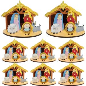Cinrobiye 6 Set Nativity Scene Wood Art Craft Kit Christian Christmas Party Decorations DIY Religious Jesus House Wooden Tabletop Display for Advent The Birth Party Favor Game Christian Birthday Gift