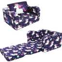 MeMoreCool Kids Folding Couch – Purple Unicorn Toddler Chair, Fold-Out 2-in-1 Sofa Bed Comfy Foam Seating, Washable Cover, Armrests & Side Pocket for Playroom or Nursery Ages 1–3