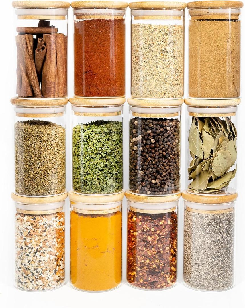 SAVVY & SORTED 12 Natural Bamboo Spice Jars - 8.5oz Large Glass Jars with Bamboo Lids - Seasoning Jar with Airtight Lids, Containers Herb Spice Rack Kitchen Organization
