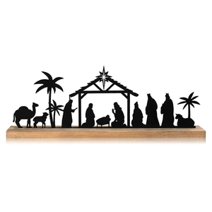 Pinkunn Metal Nativity Sets for Christmas Decorations Black Metal Nativity Scene with Wooden Base for Christmas Xmas Home Indoor Office Kitchen Table Shelf Mantel Tabletop Decor(Classic)