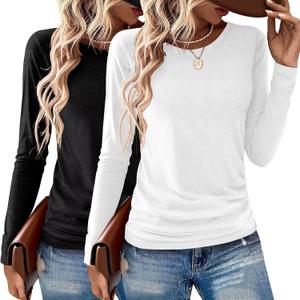 Gihgoew 2 Pack Womens Tops Crewneck Soft Long Sleeve Shirts Fall Clothes Casual Tshirts Basic Tee (Large, Black+white)