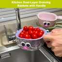 Kitchen Dual Layer Draining Basket with Handle,Double Drain Plastic Fruit Washing Bowl, Handy Mini Berry and Tomato Washer, Fruit Storage Container (Purple)