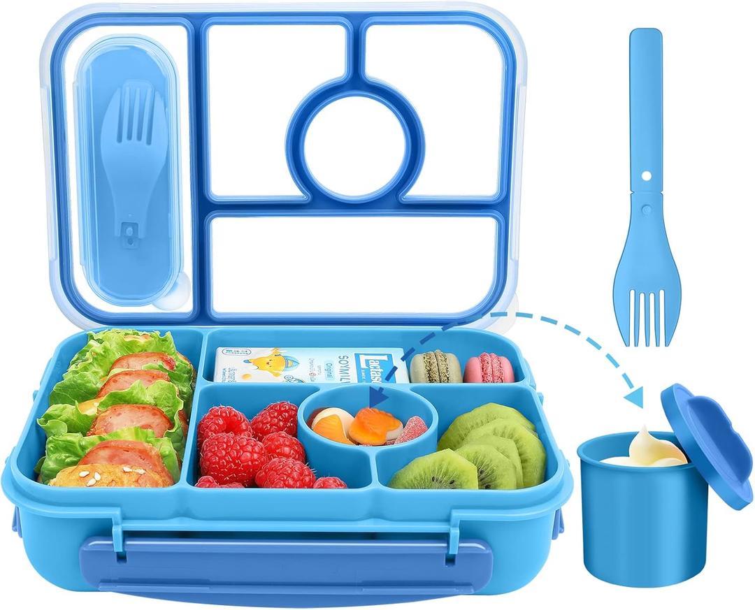 4 x Lunch Box Kids,Bento Box Adult,Lunch Containers for Adults/Kids/Toddler,5 Compartments Bento Lunch Box with Sauce Vontainers,Microwave & Dishwasher & Freezer Safe,BPA Free(Blue)