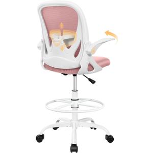 Primy Drafting Chair Tall Office Chair with Flip-up Armrests Executive Ergonomic Computer Standing Desk Chair with Lumbar Support and Adjustable Footrest Ring (Rose Quartz)