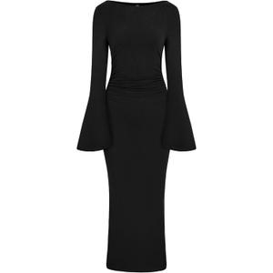 PRETTYGARDEN Maxi Dresses for Women Elegant Classy Spring Fall Long Bell Sleeve Ruched Bodycon Cocktail Party Slit Dress (Large, Black)