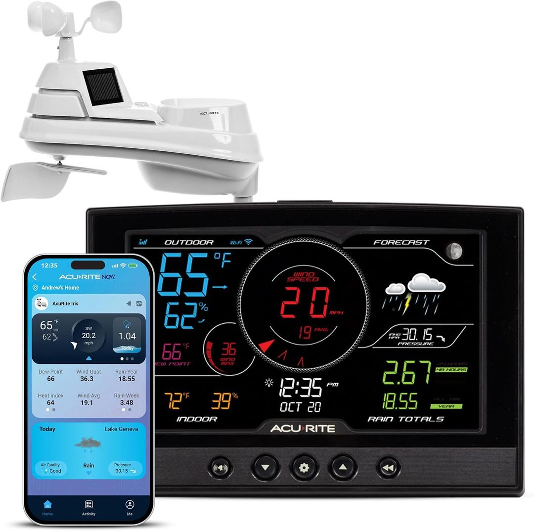 AcuRite Iris (5-in-1) Home Weather Station with Direct-to-Wi-Fi Wireless Display and Alerts for Remote Monitoring Indoor/Outdoor Temperature and Humidity with Wind Speed/Direction (01544M)