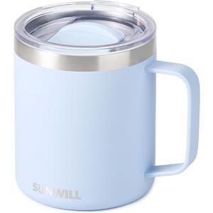 SUNWILL Insulated Coffee Mug with Lid, Travel Tumbler with Handle, 14 oz Stainless Steel Cup for Camping, Office, Home, Powder Coated Iceberg