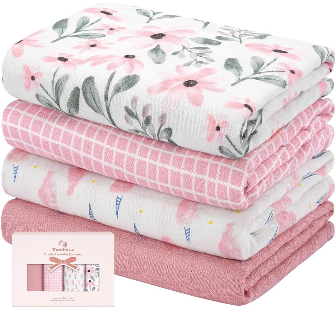 Yoofoss Muslin Swaddle Blankets, Organic Baby Blankets, 47 x 47 Inches Receiving Blanket for Baby Boys and Girls, Baby Essentials for Newborns Soft Breathable (Pink Flower)