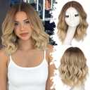 Brown to Blonde Short Wavy Wig for Women Lace Hairline Bob Style Synthetic Heat Resistant - Natural Appearance for Everyday Hairstyle 14 Inch