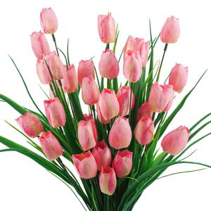 6 Bundles Tulips Artificial Flowers,30 Heads Outdoor Artificial Tulip Faux Plastic Greenery Shrubs Plants UV Resistant for Easter Home Outside Garden Porch Window Decor (Pink)