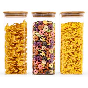 Glass Food Storage Jars Square 61oz, 3 Pack Glass Jars With Bamboo Lids, Kitchen Storage Containers For Spice, Candy, Cookie, Storage For Pantry Organizers