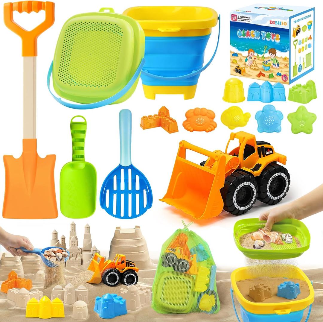 Collapsible Beach Sand Toys Set for Kids - Includes Bucket, Mesh Shovel, Filter Scooper & Castle Molds - Toddler Beach Toys for 1-3 & Kids Ages 4-8 with Mesh Bag, Summer Outdoor Beach Essentials
