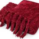 PAVILIA Burgundy Red Chenille Throw Blanket for Couch Sofa, Soft Maroon Red Knit Throw with Tassel, Decorative Blanket for Bed Chair Living Room, Wine Red 50x60