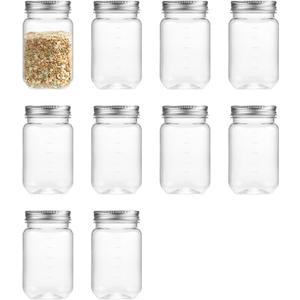 16 Ounce Clear Plastic Mason Jars With Screw On Lid, Reusable Empty Jars for Food Storage, Round BPA Free Containers for Sealing, Dry Food, Snacks, Breakage-proof, (Silver - 10 Pack)