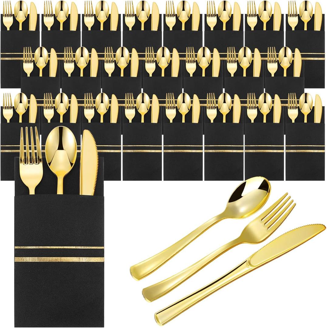 Ireer 25 Set Plastic Silverware Sets with Napkins Plastic Cutlery Set for Guests Wrapped Disposable Silverware Set with Forks Knives Spoons Napkins for Dinner Party Wedding (Black Gold)