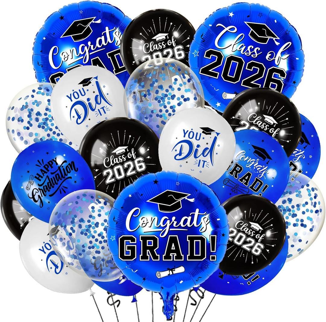 Blue and Black Graduation Balloons Graduation Decorations 2026, 51Pcs Grad Latex Balloons and Grad Foil Balloon with Confetti Ribbons Grad Party Decorations for College High School