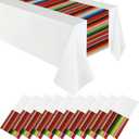 Hosuly 10 Pcs Mexican Fiesta Tablecloth 54 x 108'' Party Plastic Tablecloth Striped Table Cover for Mexican Fiesta Party Decorations (White Background)