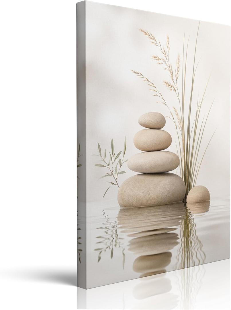 White Zen Stones framed canvas wall art Spa Bathroom Wall Decor 16x24inches