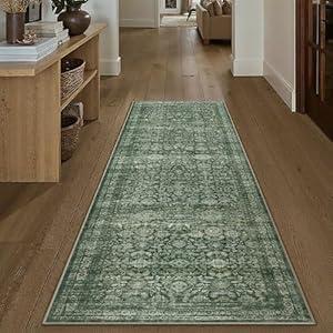 WondRg 2x6 Green Washable Floral Hallway Runner Rug Kitchen Vintage Low Pile Non Slip Area Rug Soft Stain Resistant Carpet Distressed Door Mat Entryway Bedroom Living Room Indoor Stair