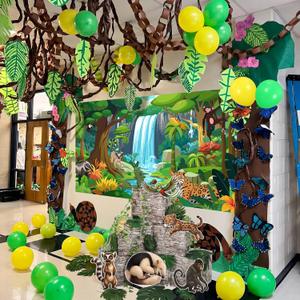 Chumia 9x6ft Rainforest Backdrop Set for 2026 Vbs Decoration Animal Vines, 5 x 6.9 ft