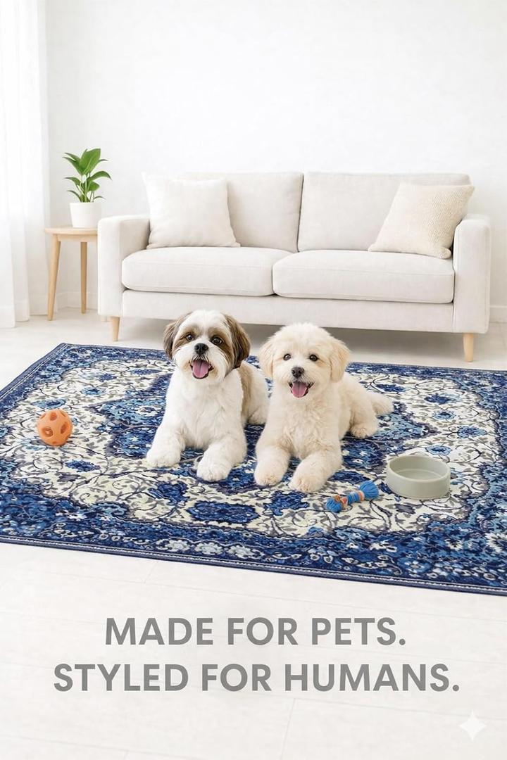 PUPIBOO Washable Pee Pads for Dogs and Cats - Super Absorbent Reusable Puppy Training Pads - 100% Waterproof, Leak-Proof & Non-Slip Whelping Pads for Pet Housebreaking (5x7 FT (Pack of 1), Blue Medallion)