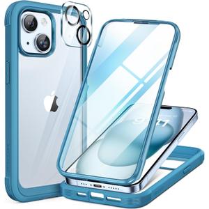 Miracase Glass Series Designed for iPhone 15 Plus Case 6.7'[only for 15 Plus] Phone Case Cover with Built-in 9H Tempered Glass Screen Protector,Blue