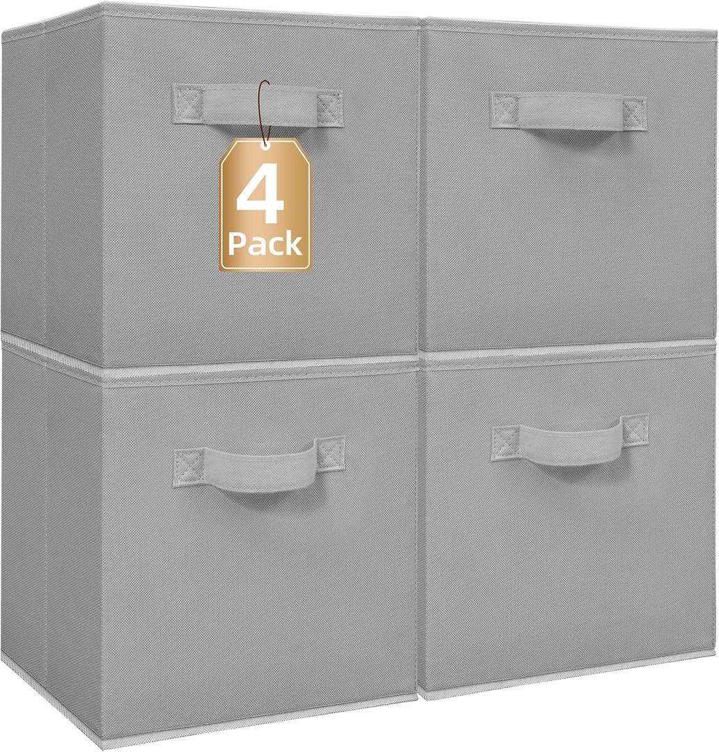 STORAGE MANIAC Storage Cubes, 11 Inch Collapsible Storage Bins with Handles, 4 Pack Fabric Foldable Bins for Organization, Durable Storage Bins for Closet, Shelves, Offices, Toys, 4-Pack Grey