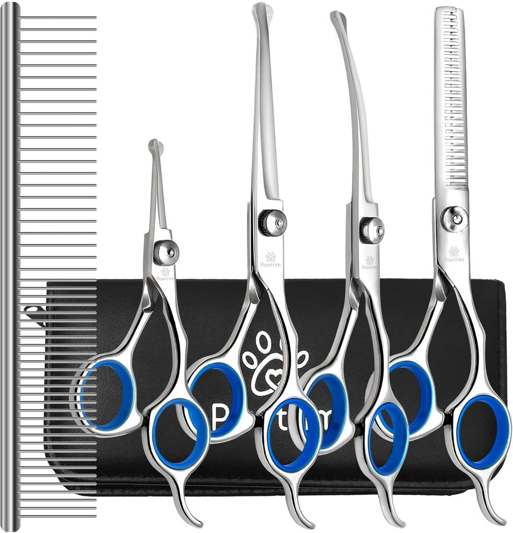 Professional Pet Grooming Kit  6 in 1 Dog Grooming Scissors Kit - Dog & Cat Grooming Supplies - Adjustable Screw Scissors, 4CR Stainless Steel Dog Clippers, Hair Thinning Shears, Rubber Grips