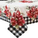 Newbridge Poinsettia Festivity Gingham Bordered Christmas Fabric Tablecloth, Holiday Red Poinsettia & Holly Print, Easy Care Stain Release, 60 x 84 Inch Oval (Multi Color)