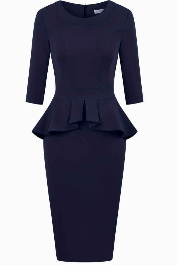 BestGirl Women's Peplum Dresses Bodycon 3/4 Sleeve Wear to Work Office Sheath Dress, Dark Blue, XXL 