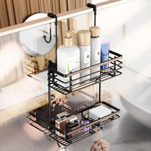 Gaseawolf Shower Caddy Over Door, Shower Hanging Organizer, No Drilling Over the Door Storage Caddy with 2-Tier Rack and Hooks, Holds Body Wash, Shampoo, Soap, Razor, Towel, Bathroom Rack Black