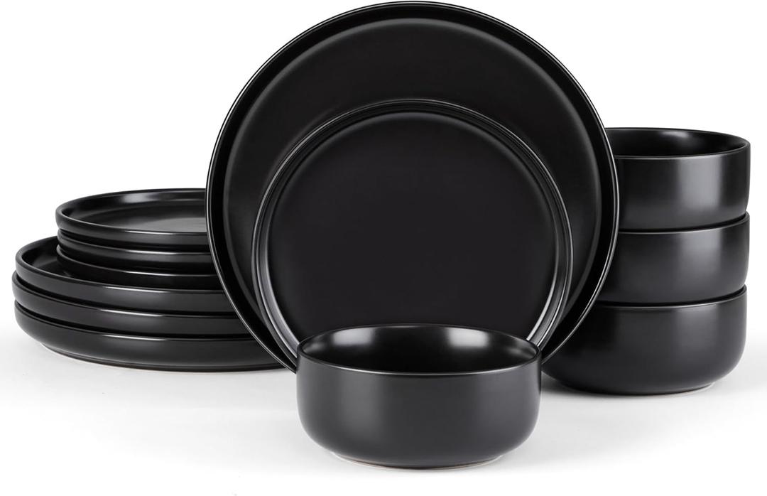 E-far Stoneware Dinnerware Sets for 4, 12-Piece Plates and Bowls Set, Modern Ceramic Dishes Dinning Ware, Microwave & Dishwasher Safe - Matte Black