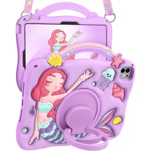 Boaretiu for iPad Air 11 Inch Case M3/M2 - for iPad Pro 11 Inch Cute Cartoon 3D Mermaids Girls Teens Soft Silicone Air 4th/5th Generation 10.9" Tablet Cover with Strap & Rotating Stand