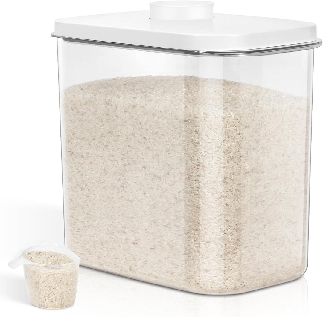 TBMax Large Rice Container 25 Lbs with Easy-Carrying Handles -  Flour Storage Container with Pop Up Lid & Hanging Hooks for Cleaner Use, Airtight Food Storage Bin for Kitchen Organization  Pure White-12.7Qt TBMax Large Rice Container 25 Lbs with Easy-Carrying Handles -  Flour Storage Container with Pop Up Lid & Hanging Hooks for Cleaner Use, Airtight Food Storage Bin for Kitchen Organization  Pure White-12.7Qt