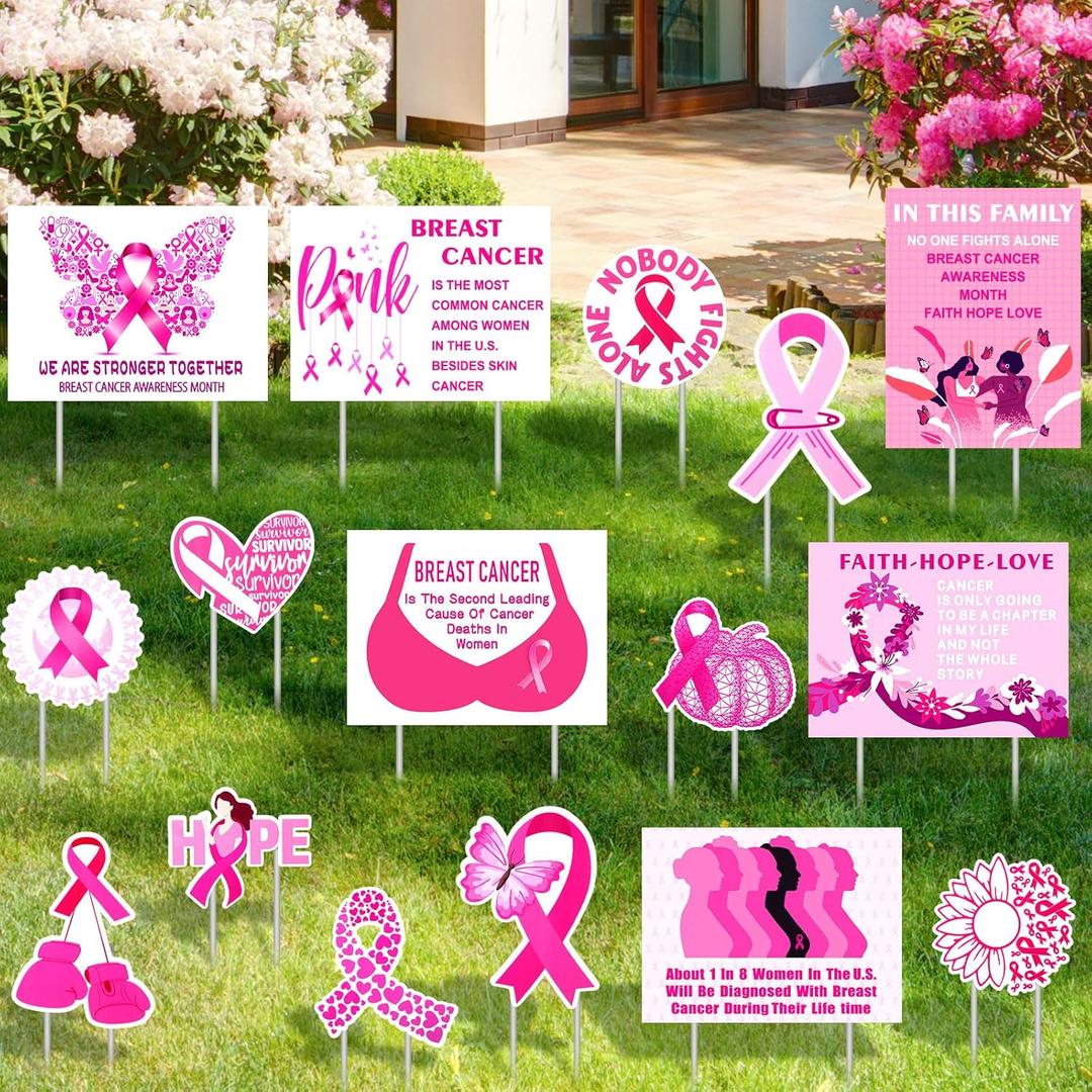 16 Pcs Breast Cancer Awareness Yard Signs with 32 Stakes Breast Cancer Gifts Breast Cancer Decorations Include 6 Pcs 16 x 12 Inch Outdoor Lawn Sign and 10 Pcs Small Yard Signs for Party