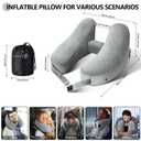 Sunany Travel Neck Pillow for Airplane Pillow Comfortably Supports Head, Neck and Chin, Inflatable Travel Pillow with Soft Velour Cover and Portable Drawstring Bag (Black) (Grey, H)