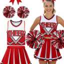 JenPen Women's Cheerleader Costume Halloween High School Cheerleading Outfit Musical Cheer Uniform Hair Bow Pom Pom (Large, Red)