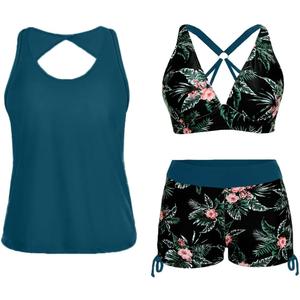 Yonique 3 Piece Tankini Swimsuits for Women Swim Tank Top Bathing Suits with Boy Shorts and Bra Athletic Swimwear (Blue), Large