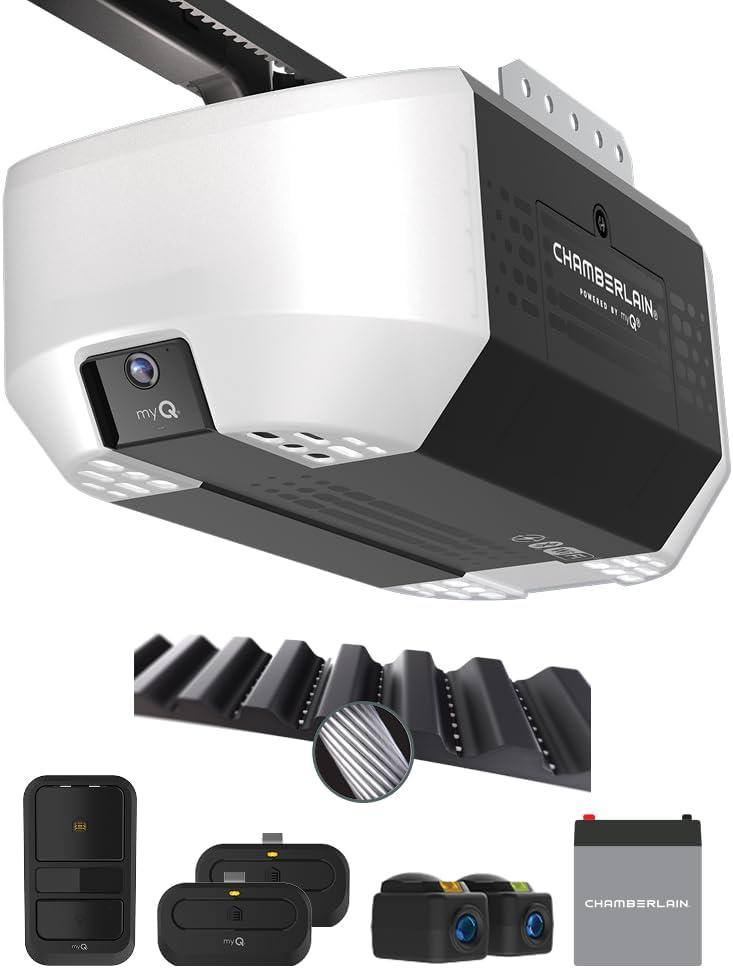 Chamberlain Garage Door Opener 3/4 HP Belt Drive myQ Garage Door Opener with Fixed Camera, Battery Backup, 2Bulb LED Lighting