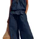 Tanming Women's Linen 2 Piece Outfits Sleeveless Ruffle Top Wide Leg Pants Summer Loungewear Beach Travel Sets S