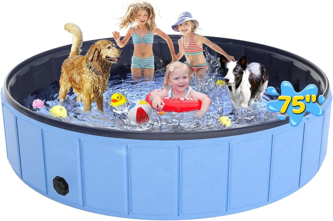 Large Foldable Dog Pool 75x16, EPN Heavy Duty Hard PVC Collapsible Dog Pool for Large Dogs and Kids, Leakproof Non-Slip Pet Wading & Bathing Tub with Drain, for Indoor & Outdoor Use