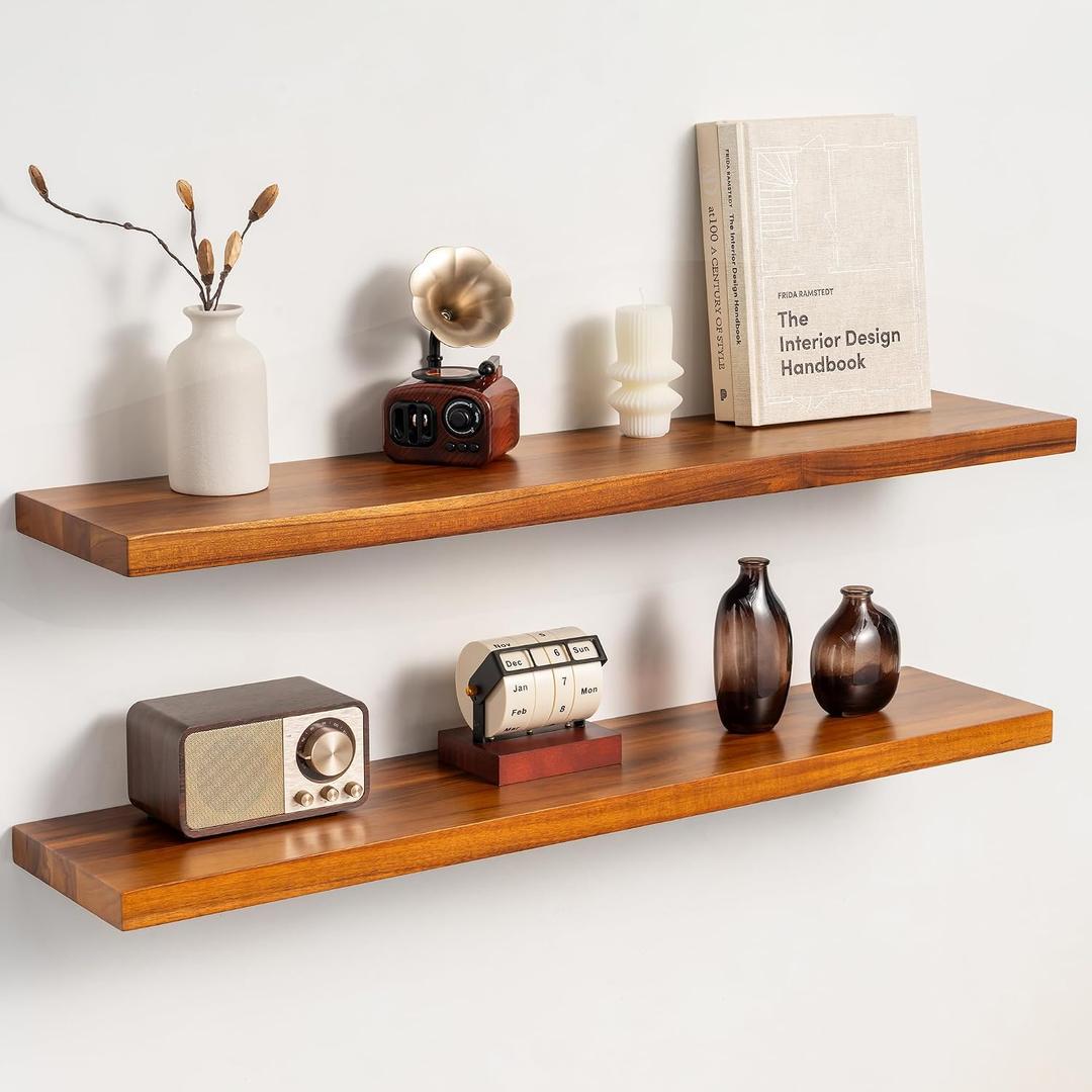 36 Inch Teak Floating Shelves Set of 2 - Solid Natural Wood Wall Mounted Shelves with Invisible Brackets - Heavy Duty Waterproof Storage for Bathroom, Kitchen, Living Room & Outdoor