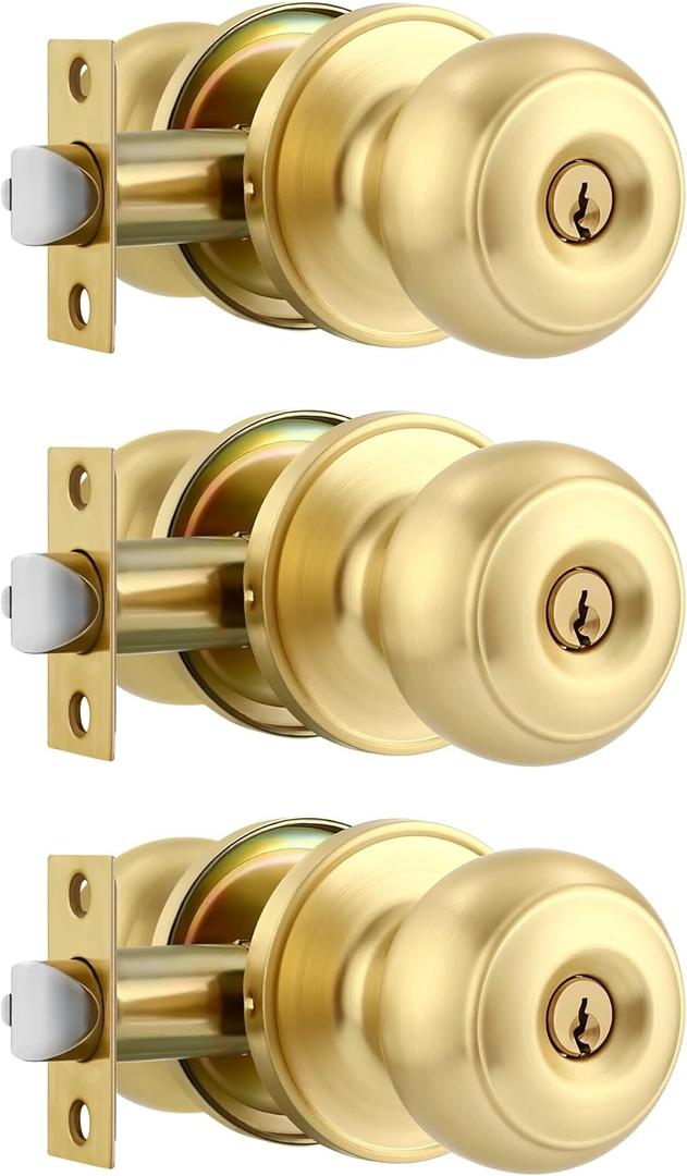 Karlstone 3 Pack Gold Ball Door Knob, Satin Brass Round Front Door Handle Gold Entry Door Lock for Right or Left Handed Doors