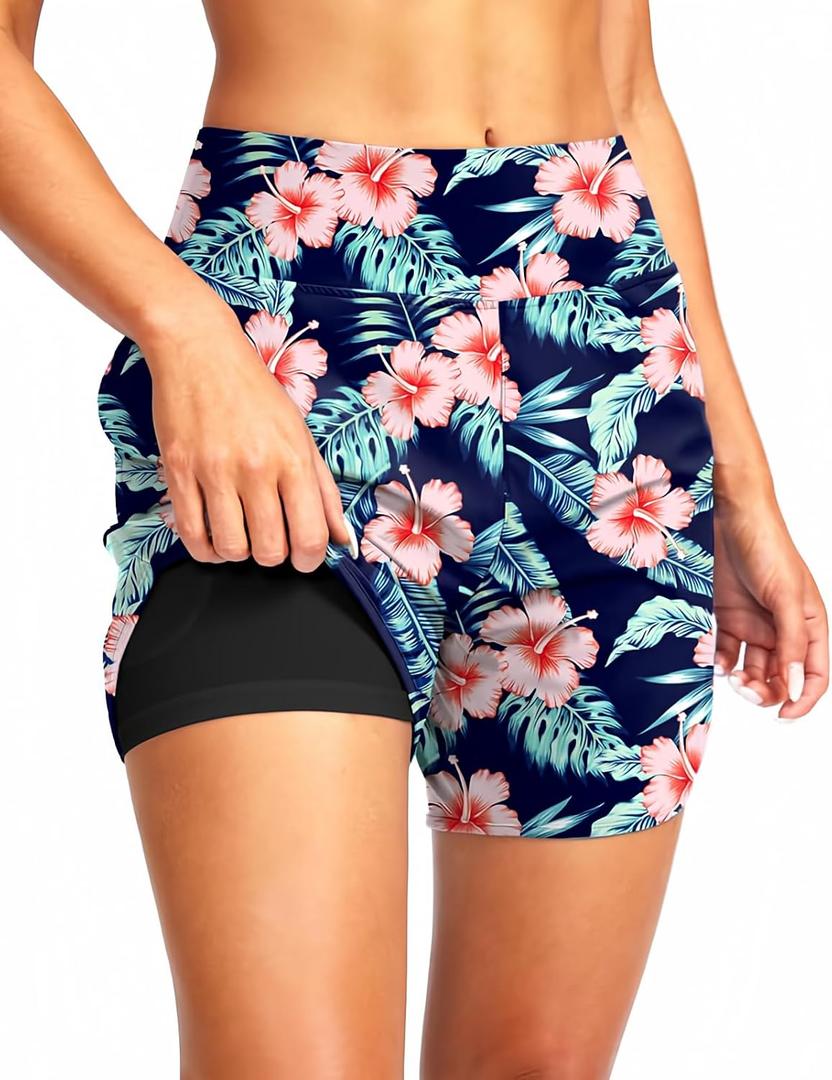 G Gradual Women's 5" High Waisted Swim Board Shorts Quick Dry UPF 50+ Swimming Beach Shorts for Women with Liner Pockets(Navy Flower, 3XL)