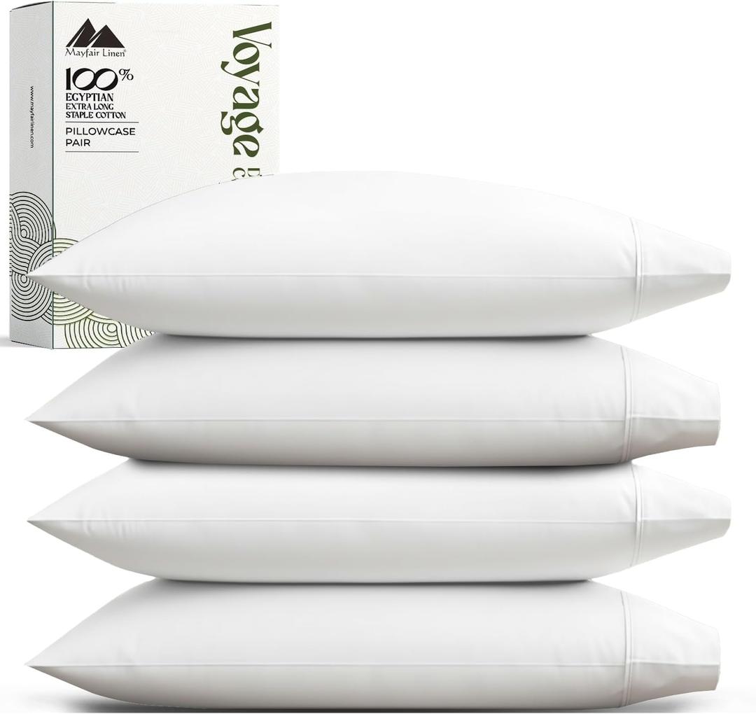Mayfair Linen 100% Egyptian Cotton Pillow Cases King - Luxury 600 Series Voyage Collection Cotton Pillowcases Set of 4 (White, 2 Pair), Soft & Breathable Sateen Pillow Covers for King Size Pillows
