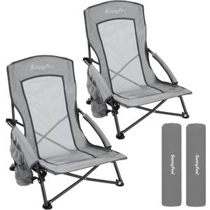 SUNNYFEEL Folding Low Camping Beach Chair 2 Pack, Lightweight Portable Lawn Chair with Mesh Back, Cup Holder for Outdoor/Travel/Picnic/Concert, Foldable Camp Backpack Chair with Carry Bag, 20D x 20W x 20H Inch