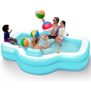SLOOSH Inflatable Pool for Family with Seats, 120" x 101" x 26" Full-Sized Blow Up Durable Thickened Above Ground Pool with Backrest Cup Holders,Swimming Pools for Backyard Summer Water Lawn, Cyan
